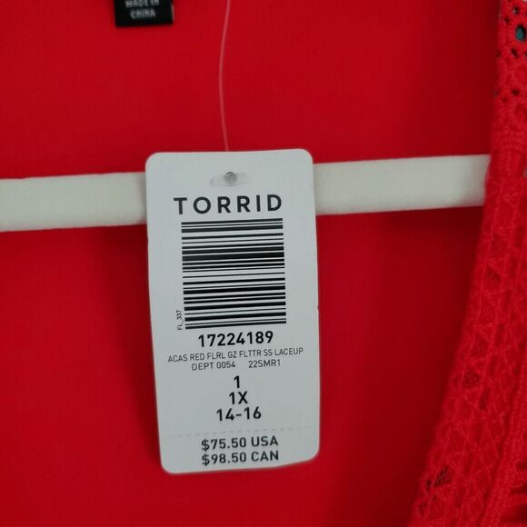 NWT Torrid Women's Flutter Sleeve Gauze Red Floral Lace-Up Skater Dress 1X - Picture 4 of 7